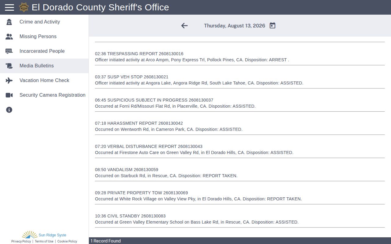 El Dorado County daily arrest and incident bulletin search