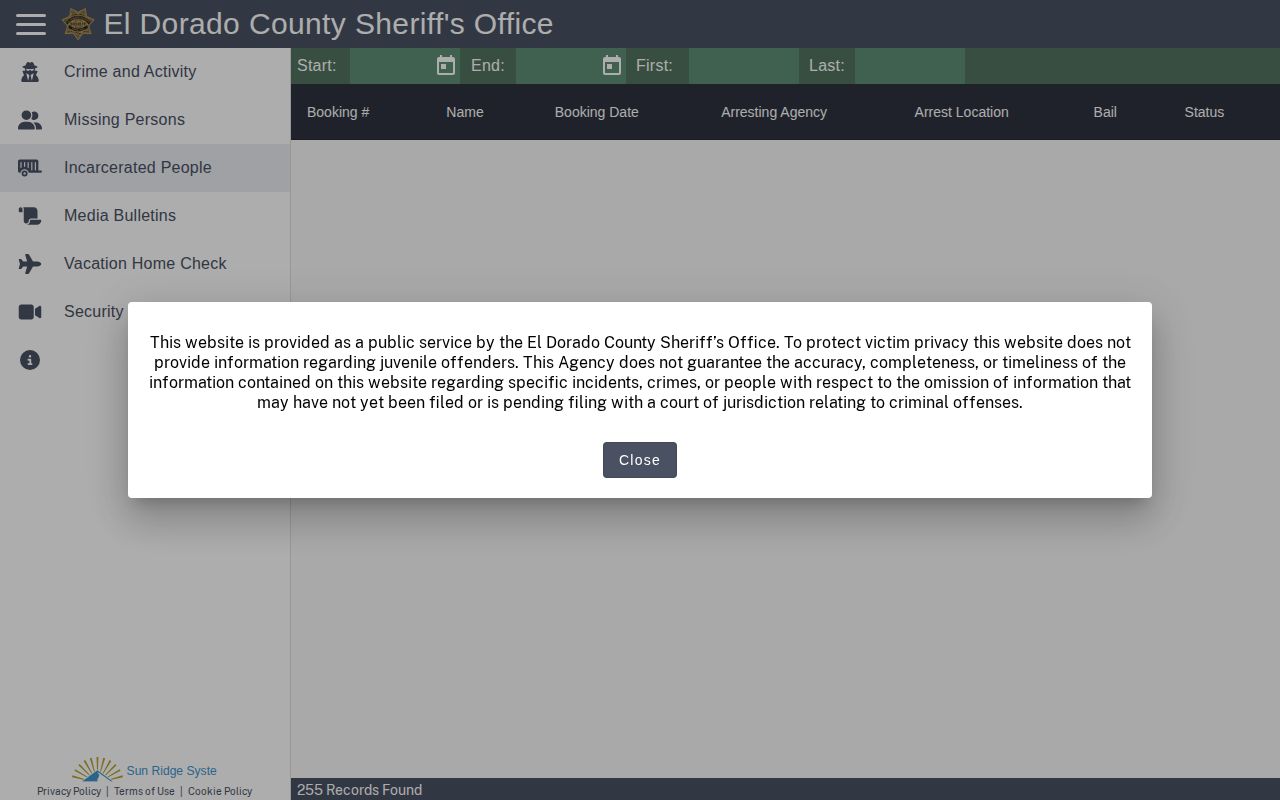 El Dorado County current inmate booking record search interface