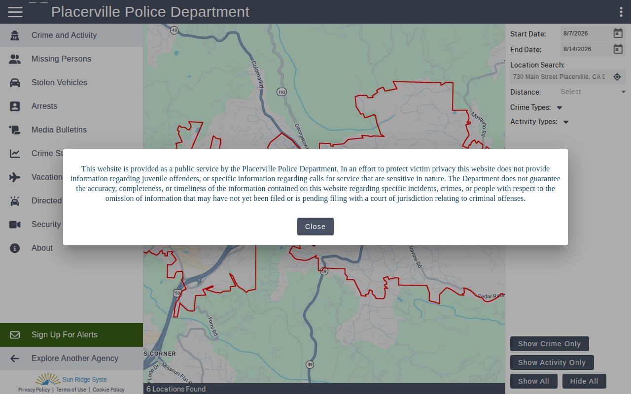 Placerville Citizen RIMS arrest and daily bulletin interface in El Dorado County
