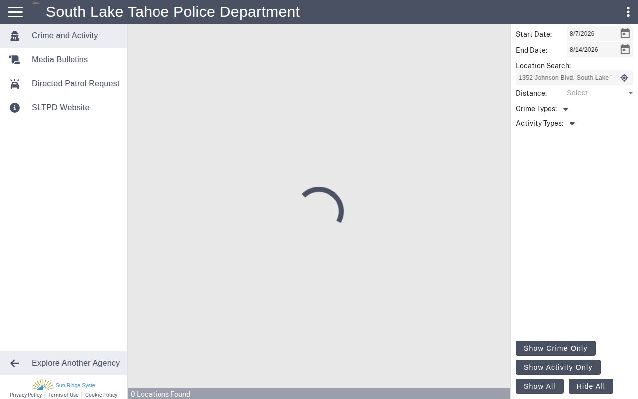 South Lake Tahoe Police arrest and calls record map in El Dorado County
